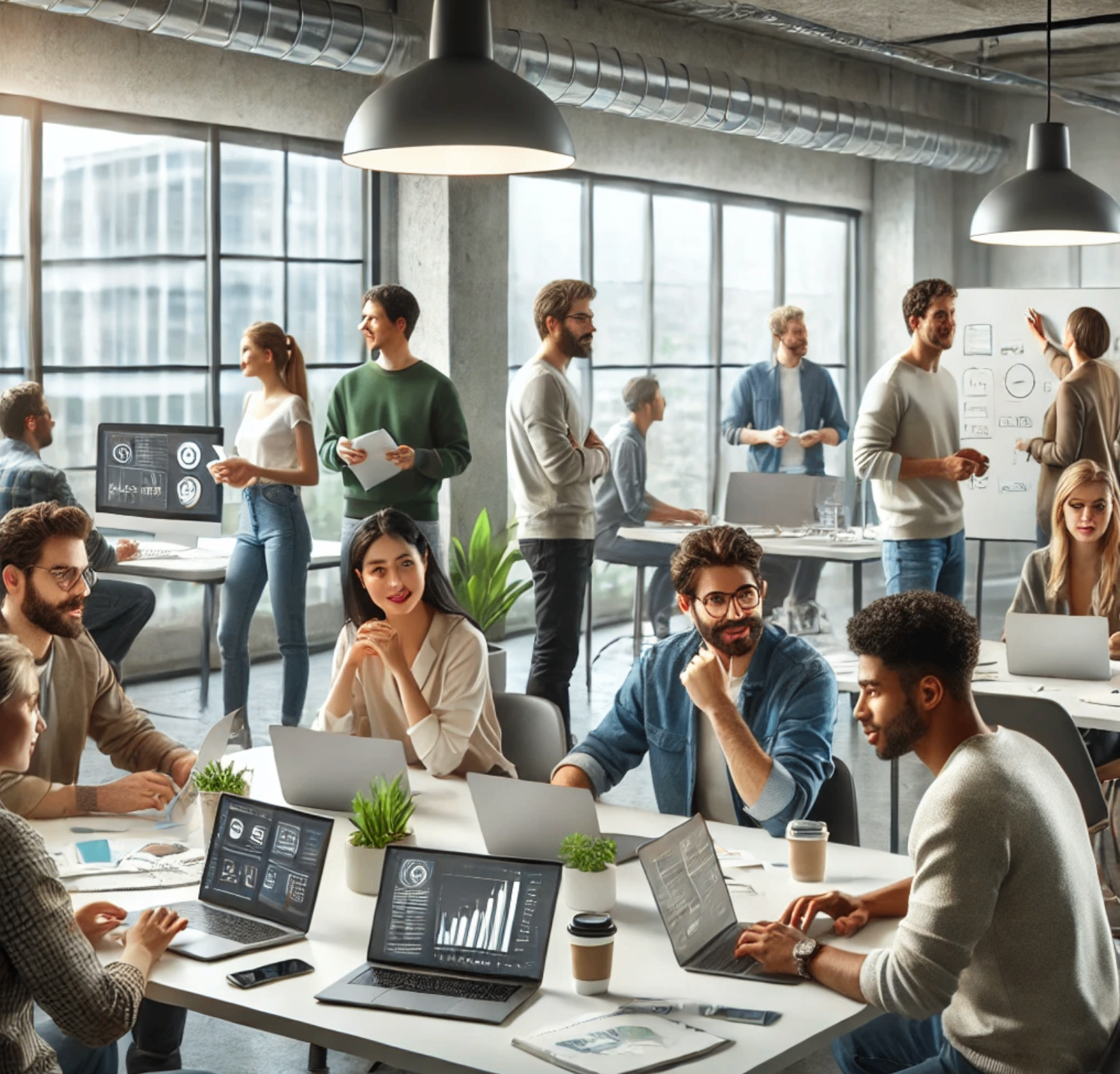 Business team collaborating with IoT analytics dashboards